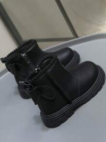 1 Pair White Soft & Comfortable PU Leather Toddler Girls' Short Boots, Warm Lining, Zipper, Bow Decor, Round Toe, Rubber Sole, Classic British Style, Suitable For Indoor/Outdoor, Autumn/Winter