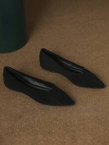 女士低帮休闲鞋，时尚户外厚底鞋，法式百搭优雅淑女鞋，舒适软底尖头平底鞋，一脚蹬褶皱平底鞋，舒适软底工作鞋，春/秋 - 黑色 - 查看 5