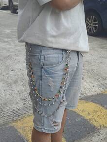 DIY Stainless Steel Multicolour Round Bead Agate Three Layer Pants Chain Men One's Waist Luxury Accessories Retro Keychain Hip Hop Jewelry Product Colors Randomly Send