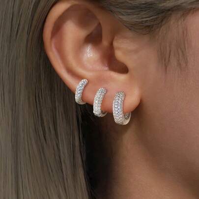 一对精美S925纯银立方氧化锆大、中、小半圆形全钻耳环，优雅珠宝，女士礼品