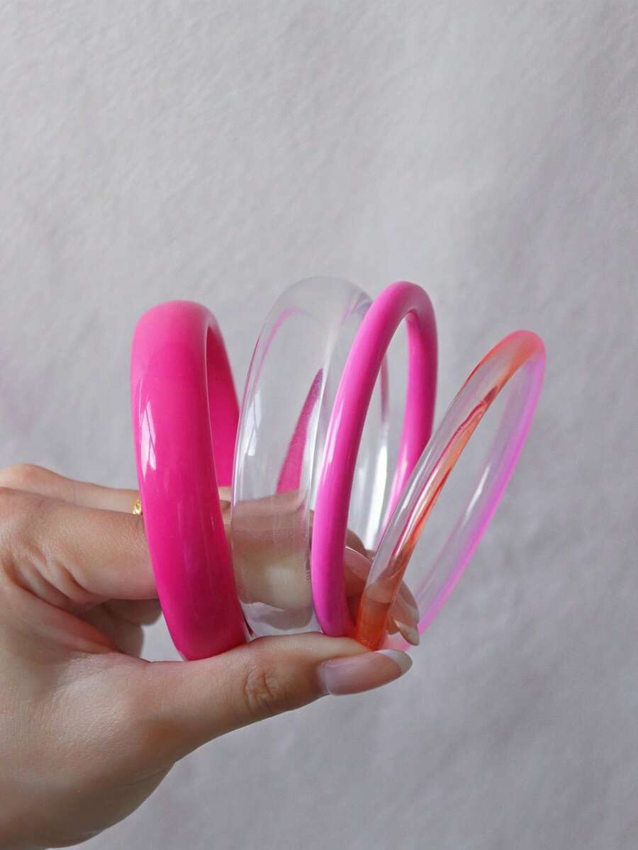 4 chiếc vòng tay tròn bằng acrylic cổ điển thanh lịch dành cho nữ, thiết kế đơn giản, phù hợp để đeo thường ngày và các dịp đặc biệt - Màu Hồng Tươi - Xem 1