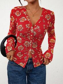 Women Floral Mesh V Neck Long Sleeve Button Down Ruched Shirt Fitted Sexy Boho Blouse Tops Outfits - Red - View 6