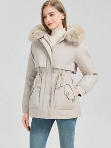 女式保暖梭织派克大衣，带人造毛皮兜帽和保暖衬里，长袖拉链口袋，常规长度冬季外套 - 米色 - 查看 7