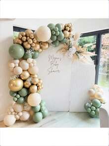 117pcs Sage Green & Gold Balloon Arch Kit, Includes Sage Green Balloons, Complemented By Ivory & Gold Balloons, Suitable For Baby Shower, Birthday Party, Jungle Theme Party, Wedding Decoration - Multicolor - View 4