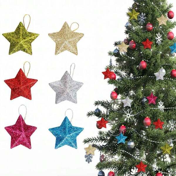6pcs Christmas Decorations, Glitter Christmas Flowers, Christmas Tree Decorations, Christmas Wreath Props, Christmas Decorations, Gold Powder Five-Pointed Star Hanging Ornaments, Christmas Tree Decorations, Star Decorations Home Decor Room Decor
