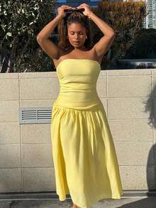 Tyla Gomez Cream Yellow Women's Cropped Waist Low-Waist Dress, Modern Vacation Casual Design, Soft Adjustable Spaghetti Strap Low Waist A-Line Flowy Bohemian Beach Dress, Summer - Yellow - View 5