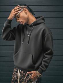 Men's Casual Street Hooded Sweatshirt, Solid Color With Thermal Lining, Loose Fit, Autumn/Winter