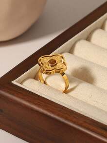 1 Pc Of Natural Tiger Stone Four-Leaf Clover Stainless Steel Non-Fading Adjustable Ring, 18k Gold Plating, Bohemian Style Handmade Jewelry For Women