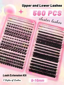 560pcs D Curl Fluffy Lashes Cluster Lash Extension Kit With 80pcs Bottom Lashes And 6 Styles Mixed 8-16mm Length Mixed Fluffy 60D+80D+100D Individual Lashes Cluster Segmented Spikes D Curl Eyelash Extension - D - View 7