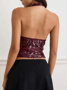 Women Y2k Halter Tank Tops Sparkly Sequin Summer Crop Tops Sleeveless Slim Fit Deep V Neck Open Back Vest Shirt Backless Glitter Going Out Tops Vintage Streetwear Fairy Aesthetic Clothes - 酒紅色 - 查看 2