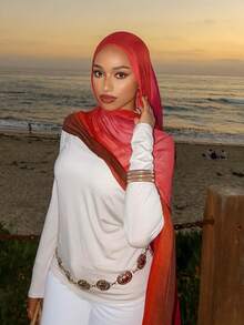 1 件水彩印花头巾，时尚优雅百搭女士围巾，轻质单面印花材质穆斯林头巾，适合所有季节，适合日常穿着或长袍 - 紫紅色 - 查看 4