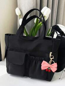 女士时尚纯色尼龙多功能手提包，简约多口袋大容量腋下包，多功能手提包，休闲旅行假日购物手提/单肩包，商务通勤日常外出笔记本电脑包，适合学习、工作、通勤和日常使用，返校包 - 黑色 - 查看 3