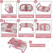 Ubravoo Bath Tub With Drain Hole, Double Foldable Toddler Bathtub With Soft Cushion Pad, Portable Travel Bathtub Built In Anti-Slip Support - Pink - View 2