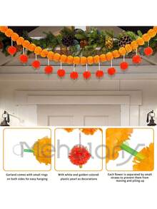 MEHELANY 1 件 4.6 英尺万寿菊花环橙色长排灯节装饰带 30 个悬挂振动球排灯节装饰万寿菊花环，人造万寿菊花，适用于婚礼万圣节装饰、秋季装饰、秋季派对装饰、亡灵节装饰品、感恩节装饰、DIY 万寿菊花环 - 彩色 - 查看 8