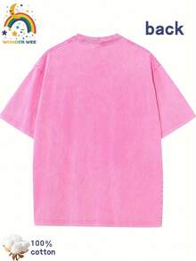 Star Pattern And "" Letter Print Men'S Summer Loose Fit Short Sleeved Washed Vintage 230g Pure Cotton Comfortable Breathable Casual Street Round Neck T-Shirt - 玫瑰紅 - 查看 2