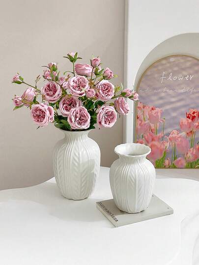 1PC Shatterproof Faux Ceramic Plastic Vase, Moderne Minimalist Home Wit Gestreepte Textured Cylindrical Elegante Multi Functional ative Flower Vase Wedding, Office, Seasonal Displays, Year Round Indoor/Outdoor Room Glass view 4