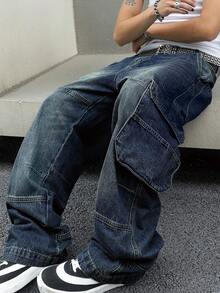 Men's Baggy Denim Cargo Pants Loose Fit Streetwear Wide Leg Workwear Style With Large Side Pockets - 深色水洗藍 - 查看 9