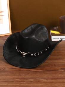 1pc Men's/Women's Black Cowboy Hat With Bull Head Decor & Windproof Chin Strap - Ideal For Western-Themed Events, Rodeos, Outdoor Adventures
