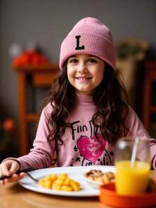 1 st barn A-Ö 26 bokstäver tryck stickad mössa, mjuk varm höst vinter huvudbonad för baby tonårsflickor daglig användning födelsedagspresent - Rosa - Visa 3