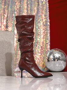 Women's Outdoor/Commute, Fashionable & Versatile, Pointed Toe Pleated Tall Boots, Slip-On, Autumn/Winter, Over-The-Knee Wrinkled Boots, Slim High Heel Work Boots, Wine Red Thigh High Boots