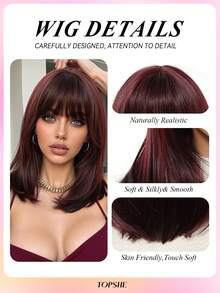 Atmungsaktive und bequeme 14-Zoll-Bob-Perücke mit Pony, burgunderrot, gerade, schulterlang, Perücken für Frauen, hitzebeständiges synthetisches Haar, für Alltag, Party, Festival