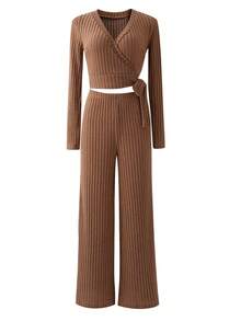 Fashion Women's Autumn And Winter Long Sleeved Set With Solid Color Texture, Basic And Versatwomen's Two Pieces Set