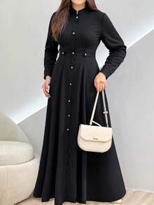 Whisplicity Vestido de manga larga elegante para mujer de talla grande, diseño de botones de unicolor elegante, adecuado para ir al trabajo, negocios, festivales, otoño/invierno - Negro - Ver 2