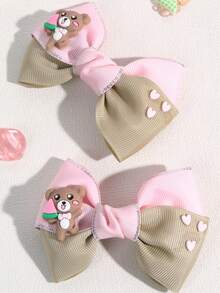 2 件粉色和卡其色蝴蝶结发夹，适合幼儿女孩，可爱小熊和迷你粉色心形配饰，鳄鱼夹，儿童青少年发饰