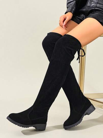 Western Style Lace-Up Stretch Over-The-Knee Boots, 2025 Autumn/Winter, Suitable For Petite, Chunky Heel High Boots, Slimming Effect, Size Runs Small, Recommend Ordering One Size Up