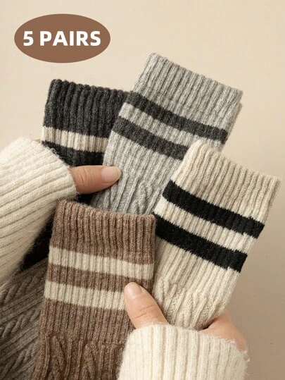 1/5双装女士袜子，秋冬长袜，麻花针织图案，舒适百搭，适合户外和休闲穿着
