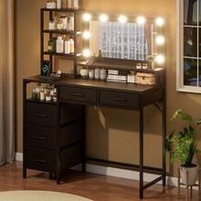Vanity Desk With Mirror And Lights, 3 Color Modes With Adjustable Brightness, 5 Spacious Fabric Drawers & Open Storage Shelves, Modern Makeup Vanity Table For Bedroom - 查看 7