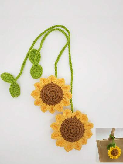 1pc Handmade Crochet Sunflower Flower Pendant, Cherry, Strawberry, Rose Flower Key Chain, DIY Flower Key Chain, Car Rearview Mirror Hanging Decor, Curtain Tie Back Halloween Accessories Teachers Day