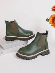 Women's Fashionable 2024 Autumn/Winter Green Chelsea Ankle Boots, Women's Elegant Low Heel Faux Leather Princess Boots, Solid Color Fashionable Retro Elegant Casual Outdoor Festival