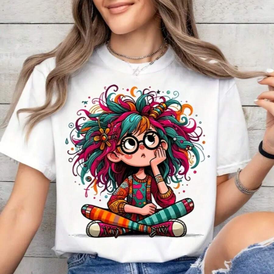 Women's Round Neck T-Shirt With Colorful Girl And Glasses Design Printed, Fashion Women's T-Shirt With Colorful Girl And Glasses Design Printed, Casual Short Sleeve T-Shirt, Promotion Women's Top, Comfort For All Seasons - trắng - Xem 1