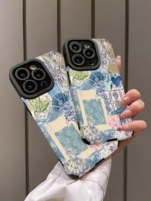 Ocean 1pc Fashion Personalized Blue Seashell & Starfish Illustration Vertical Stripe Faux Leather Soft Protective Phone Case, Compatible With Samsung Compatible With Apple And 16/16PLUS/16PRO/16PROMAX - Multicolor - View 4