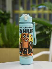 1pc 750ml/26oz Shan Hai Jing Themed Plastic Straw Water Bottle, With Handle Strap, Leak-Proof Mouth, 4 Character Designs, Portable & Durable, Spill-Proof When Inverted, Suitable For Running, Cycling, Travel, Great Gift