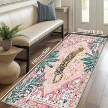 1pc Luxury Vintage Tiger & Floral Striped Totem Area Rug, Soft Faux Wool Wild Animal Farmhouse Style Washable Decorative Carpet For Living Room, Bedroom, Entryway, Bathroom, Hallway, Patio, Kitchen, Indoor Outdoor, All Season Large Mat - Light Pink - Home Decor - Multicolor - View 16