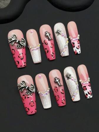 10 件/套手工亚克力按压指甲长棺材形指甲、豹纹指甲、法式尖头指甲、Y2k 指甲、朋克指甲；假指甲、玫瑰红指甲指甲用品、可拆卸假指甲、指甲用品美甲，适合派对、舞会、日常佩戴、学生派对，按压式可重复使用，含果冻胶和指甲锉 DIY 指甲用品