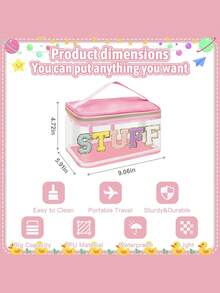 1pc Girls Letter Clear Makeup Bags, Preppy Pink Hair Bag Chenille Patch Makeup Bag Travel Cosmetic Bag With Handle Zipper Waterproof TPU Hair Accessories Organizer Pouch For Girls - Transparent - View 3