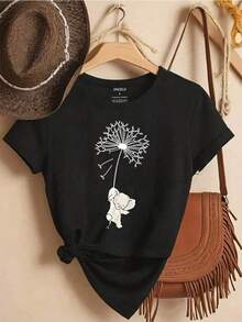 Camiseta casual negra para mujer, 100% algodón, con estampado de elefante de dibujos animados, camiseta casual y cómoda de manga corta con cuello redondo, ropa de primavera y verano, adecuada para cualquier ocasión, color sólido, casual, uso diario. - Negro - Ver 2