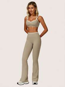 MFVIM Women's Linen Contrast Color Bra And Yoga Pants Set - White Trim Cute Backless | Tight And Breathable, Suitable For Yoga, Fitness And Outdoor Sports - Light Grey - View 7