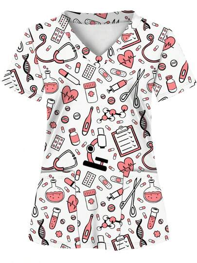 2 Bolsillos Parte Superior de Uniforme Médico para Mujeres, Suave, Transpirable, Camisa Práctica para Profesionales de la Salud - Camisa de Uniforme Médico, Adecuada para Hospitales, Clínicas Dentales, Salones e Instituciones, Ropa de Trabajo de Enfermera, Uniforme de Enfermería Rosa