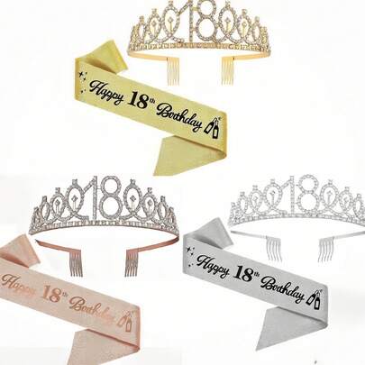 2개/세트 18번째 생일 새쉬 리본 생일 여왕 왕관 티아라 라인스톤 생일 헤어밴드 핀 부착 생일 새쉬 생일 파티를 위한 행복한 생일 왕관과 새쉬 리본