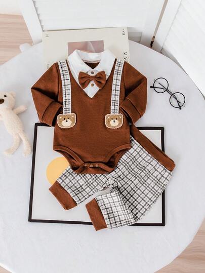 2pcs Vintage British Style Baby Boy Outfit - Khaki Collar Bow Tie Bodysuit + Plaid Suspender Pants, Cute Bear Element