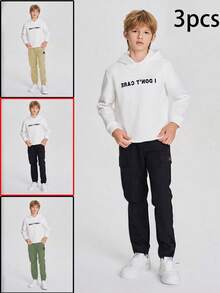 3 Pieces/Set Tween Boy Casual Sports Drawstring Pants With Fake Pockets, Versatile For Spring, Summer, Autumn And Winter - Black - View 3