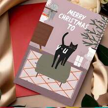 1PC Gato Caprichoso - Cartão de Natal Temático Um cartão de Natal divertido e de desenho animado, perfeito como um pequeno presente de Natal ou para espalhar humor natalino, ideal para amantes de gatos, amigos e familiares.