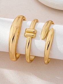 3 件套简约镂空几何粗细精致光滑金手链套装，时尚优雅 - 金黃色 - 查看 2