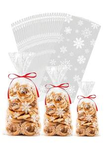 50pcs Christmas Glass Paper Bags With Ribbons, Snowflake Pattern, Holiday Snowflake Candy Cookie Gift Glass Paper Bags, Suitable For Winter Snowflake Themed Party Supplies, Party Favors Gift Packaging - Clear - View 6