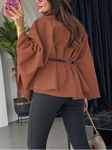 女士时尚优雅短袖立领宽松斗篷外套，配腰带，冬季款