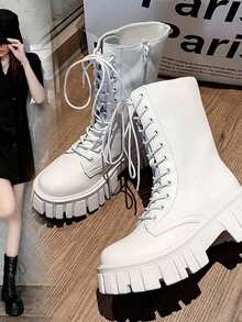 Botas de cordones de moda para mujer,Botas Cortas para Mujer: Estilo Británico y Botas Moteras de Moda | Cómodas de Llevar, Ideal para Actividades Al Aire Libre - Blanco - Ver 5